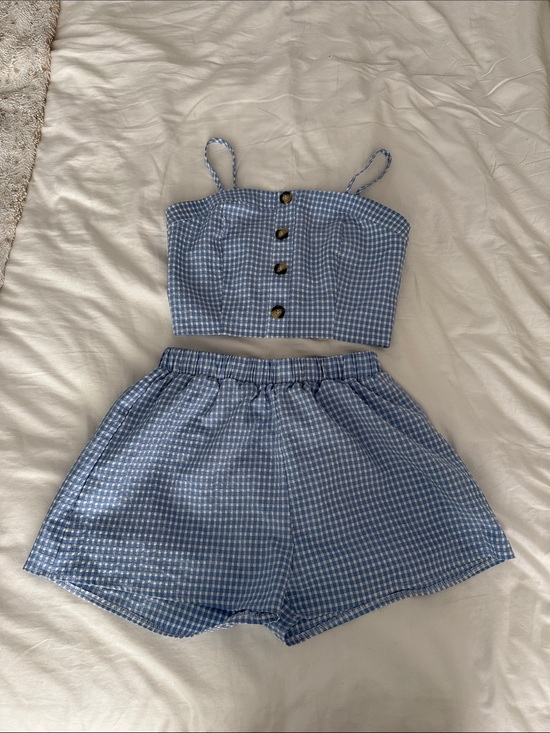 Zaful Other - Zaful Blue Gingham Cropped Button Cami Top and Shorts Set